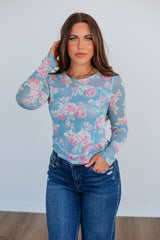 Lana Floral Mesh Top - Sky Blue Mix