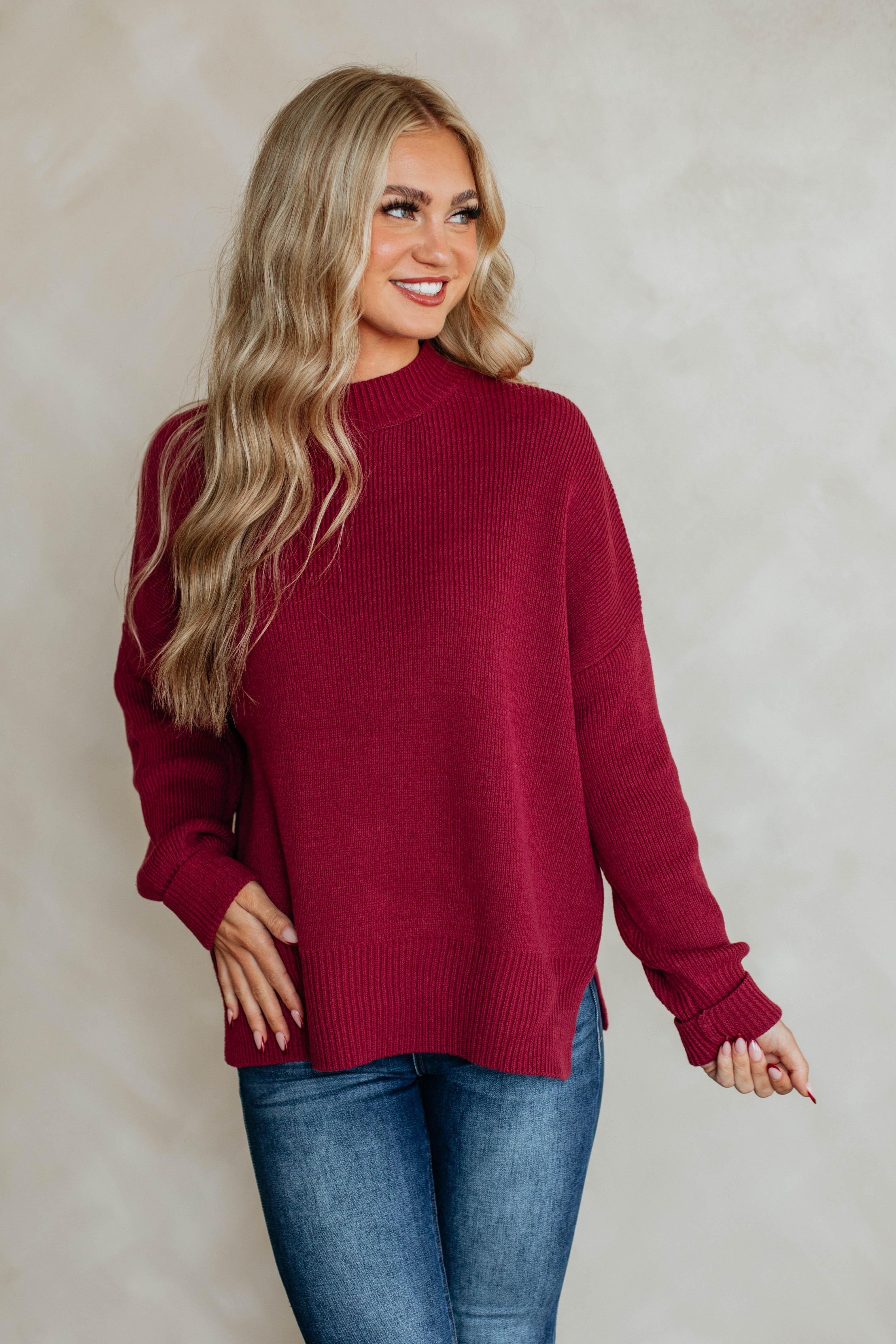 Chelsea Mock Neck Sweater - Cranberry