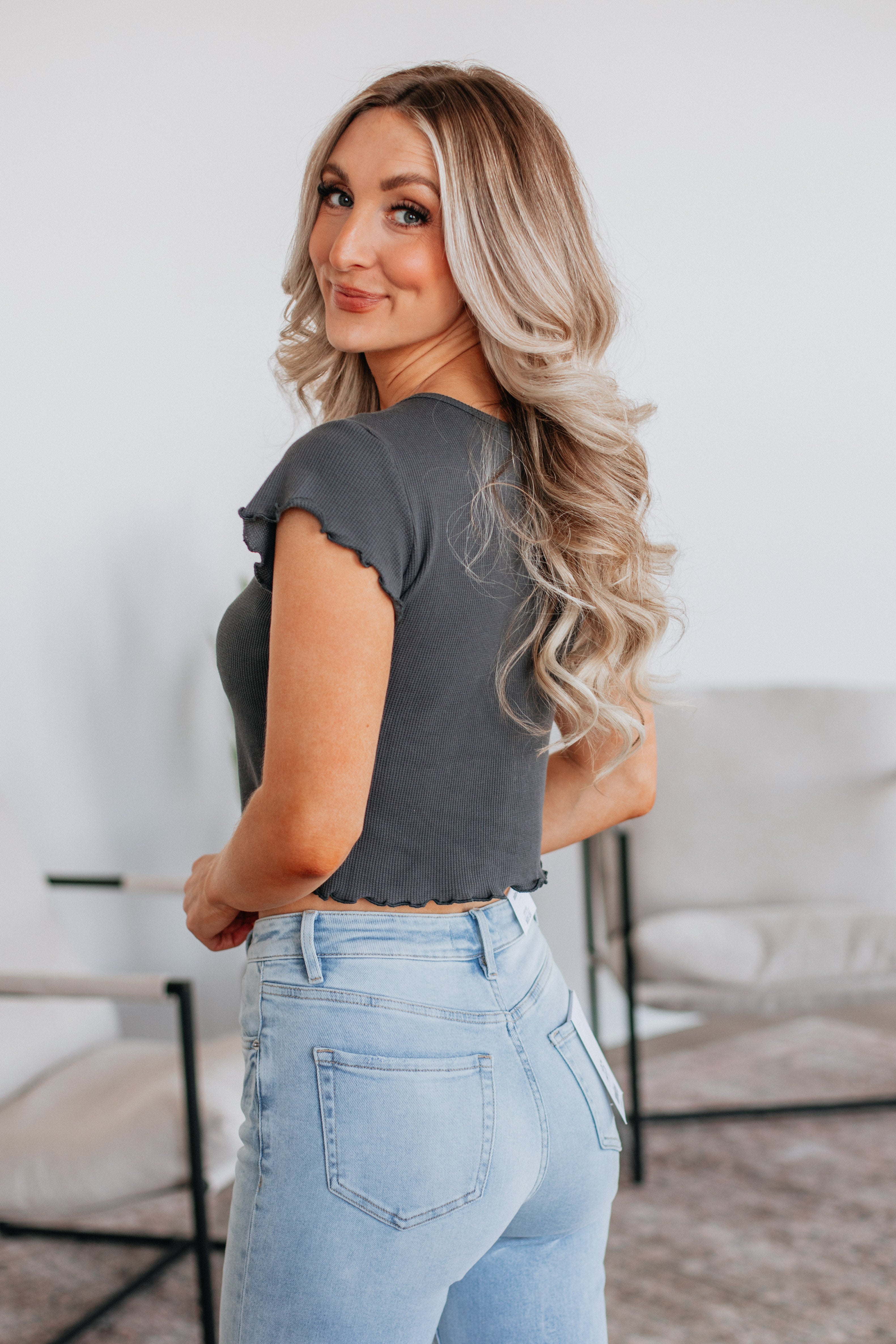 Tara Waffle Knit Top - Charcoal